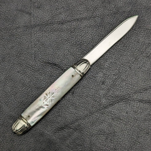 1916 British Antique White Pearl Shell Handle Pure Silver Engraving Blade Folding Pen Knife